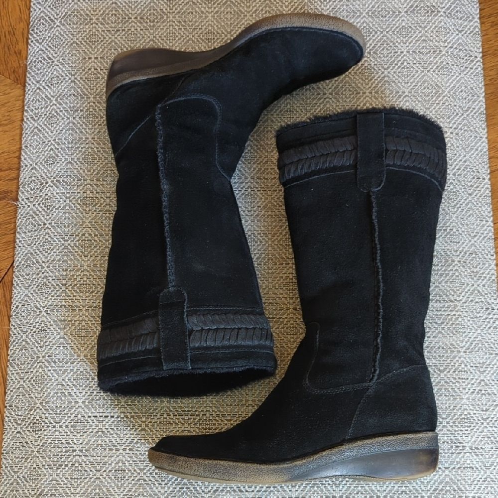 Nine West Vintange American Collection Black Suede Boots Faux Fur Trim - Picture 2 of 9